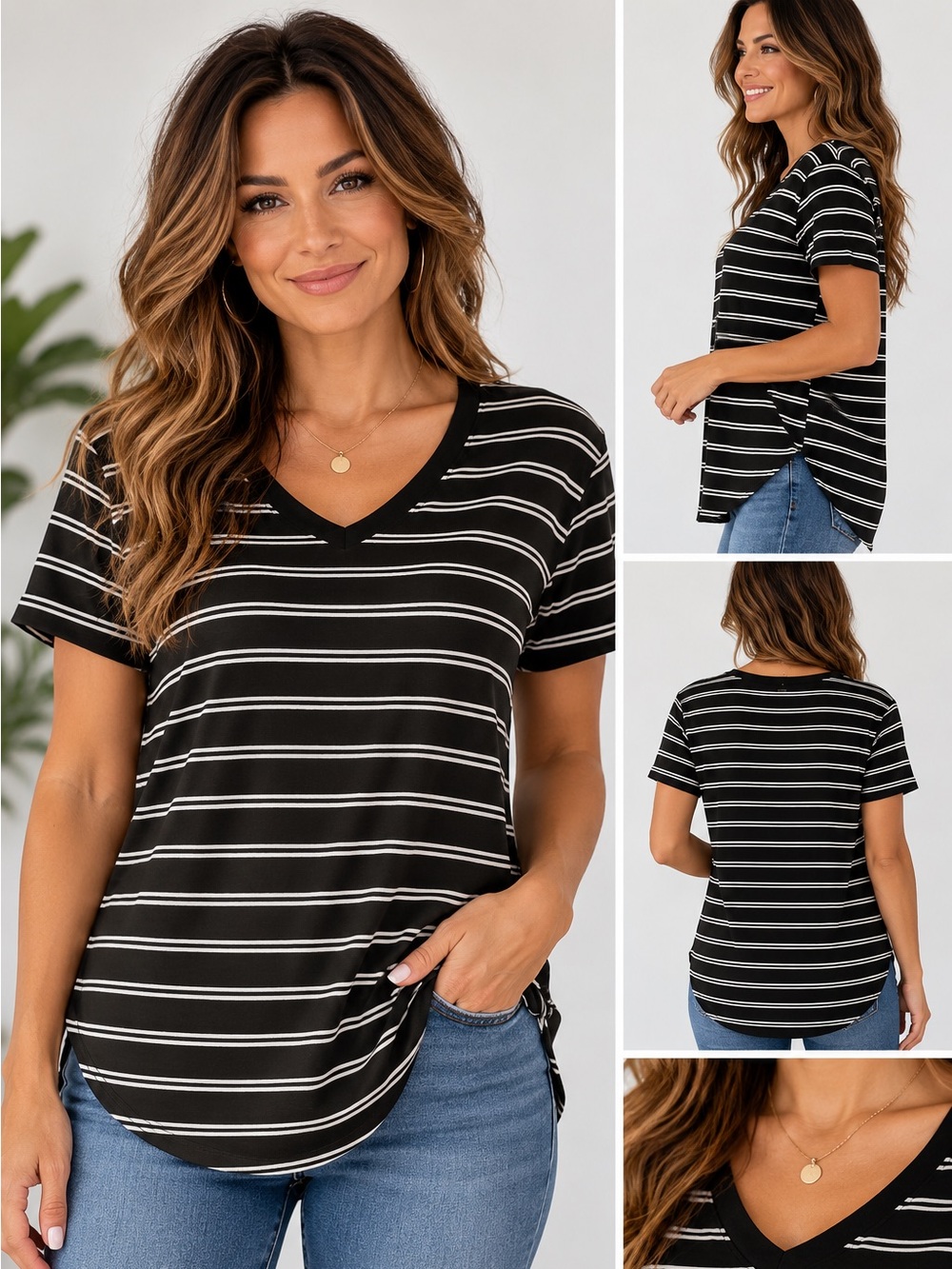 Time And Tru Striped V-Neck T-Shirt Size M (8-10) Black White Short Sleeve